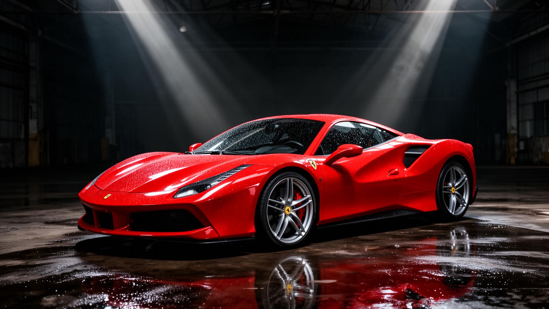 Red Ferrari with water droplets